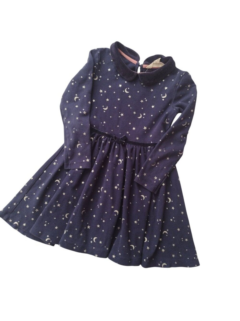 Mini Boden Girls Star Moon Print Dress 6-7Y Navy Knit Long Sleeve Cute
